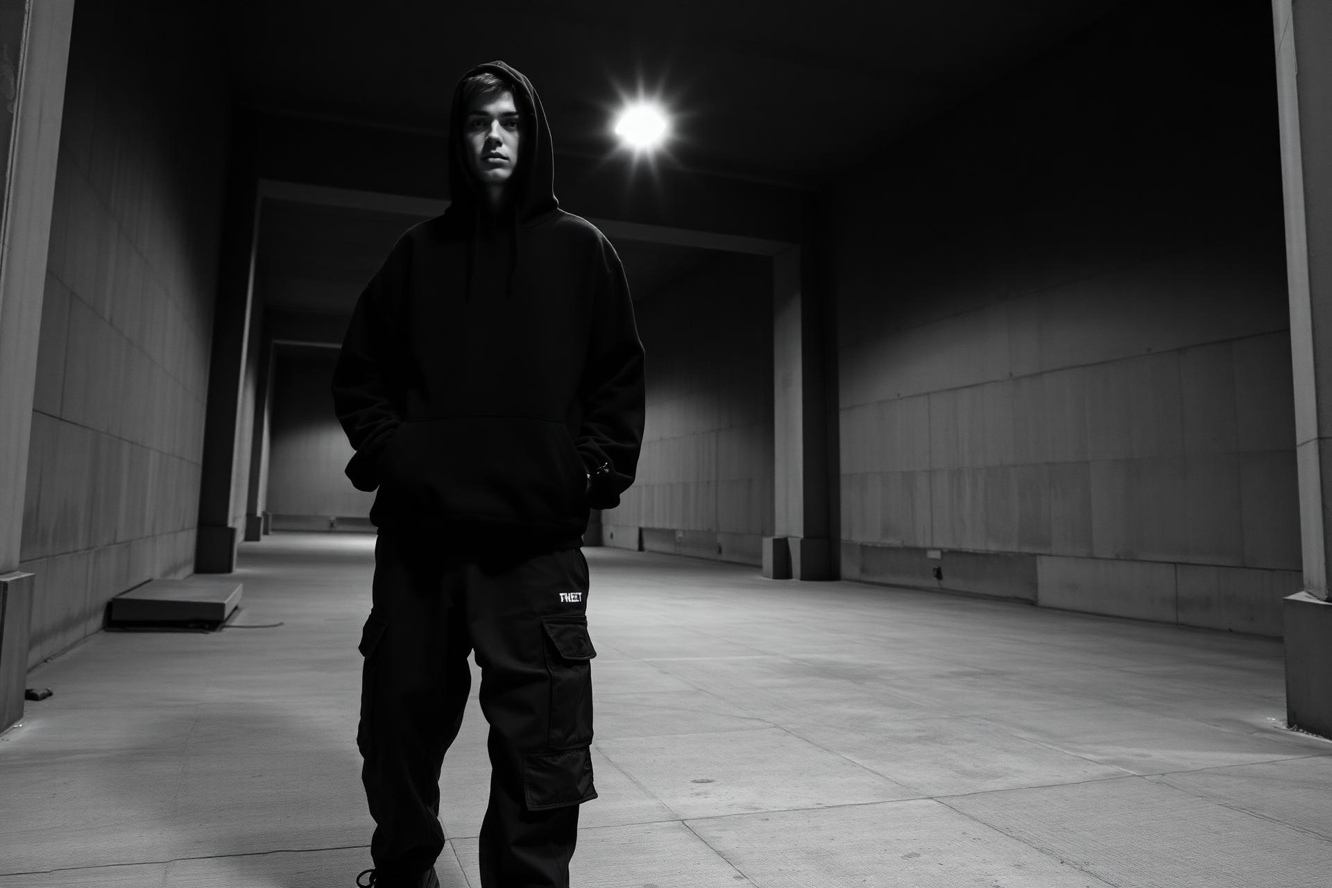 Model wearing an Off Grids hoodie and cargo pants in a concrete underpass